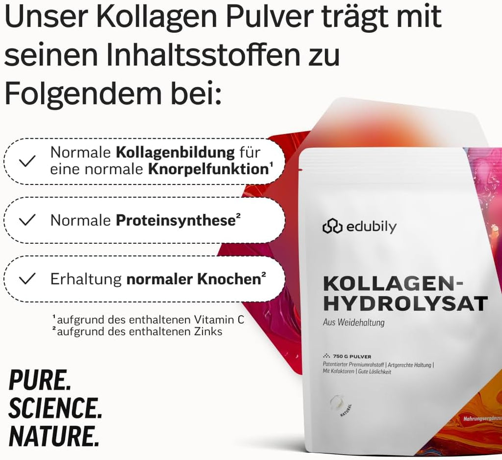 edubily® Kollagen-Hydrolysat - Kollagen Pulver als hochwertige Proteinergänzung im Alltag - aus Weidehaltung, Vitamin C, Zink, Kupfer, Mangan & Kieselsäure - 1 Portion täglich (750 g, ohne Geschmack)