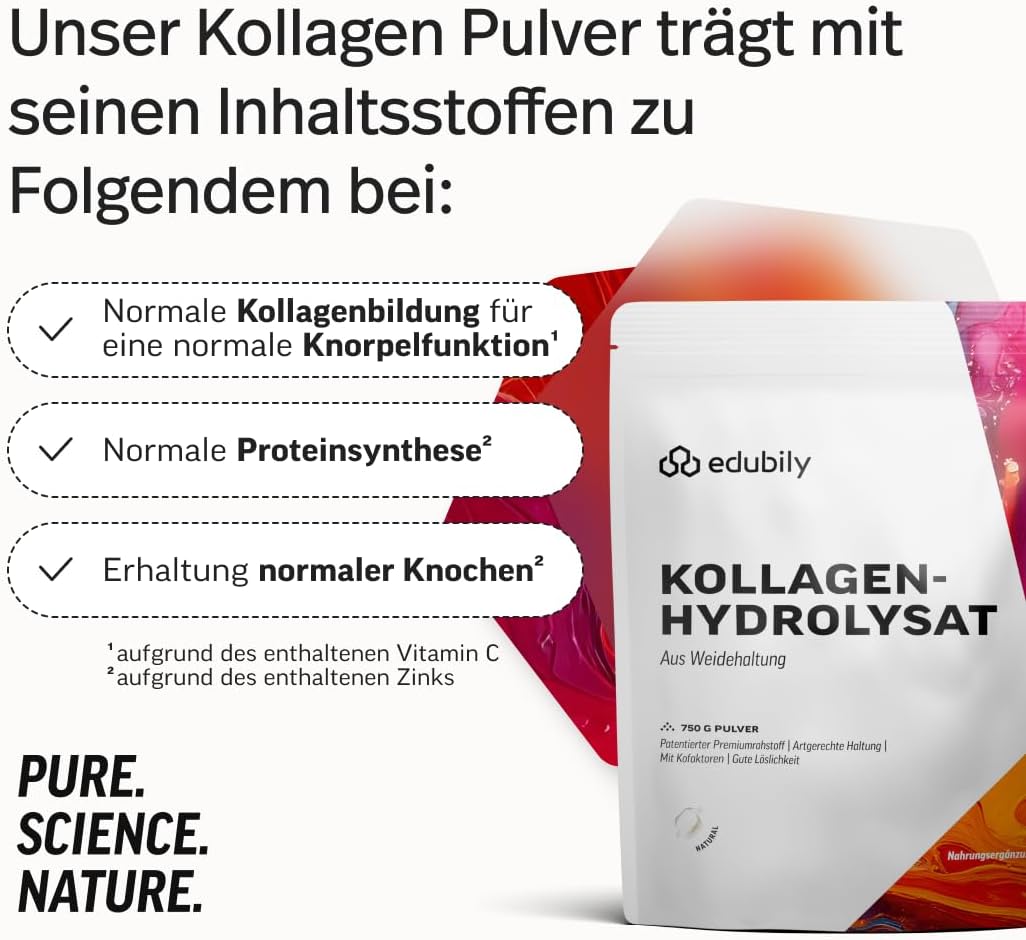 edubily® Kollagen-Hydrolysat - Kollagen Pulver als hochwertige Proteinergänzung im Alltag - aus Weidehaltung, Vitamin C, Zink, Kupfer, Mangan & Kieselsäure - 1 Portion täglich (750 g, ohne Geschmack)
