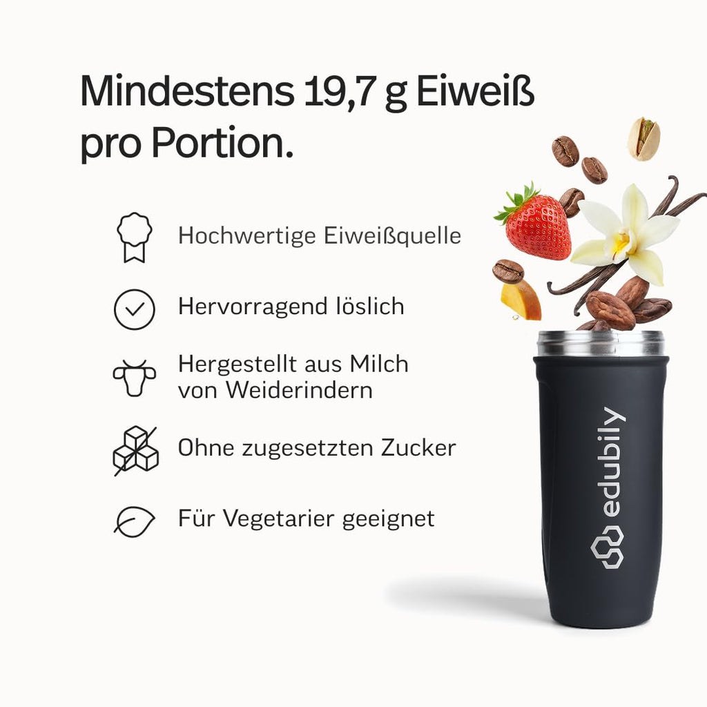 edubily® Whey Protein Isolat - Laktosefrei - Sehr gut lösliches Eiweißpulver ohne Kohlenhydrate & Zucker - Aus irischer Weidehaltung (750 g, Kakao mit Stevia)