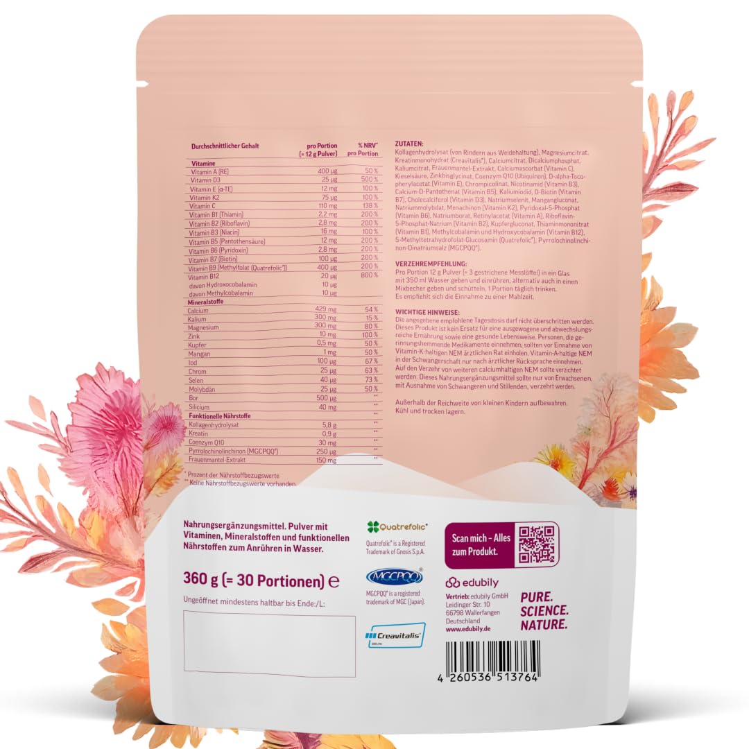 edubily® Frauen Multi Plus – Multivitamin & Mineralstoff-Drink für Frauen - Mit Calcium, Magnesium, Zink, Vitamin D & B-Vitaminen, Kreatin, Q10 & Kollagen - Zuckerfrei (360 g, Maracuja)