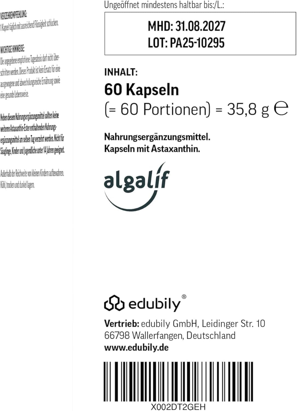 edubily nutrition® Astaxanthin - 8 mg pro Kapsel - Premium Markenrohstoff von Algalif aus isländischen Algen (Haematococcus Pluvialis) - Vegan - Laborgeprüft (60 Kapseln)