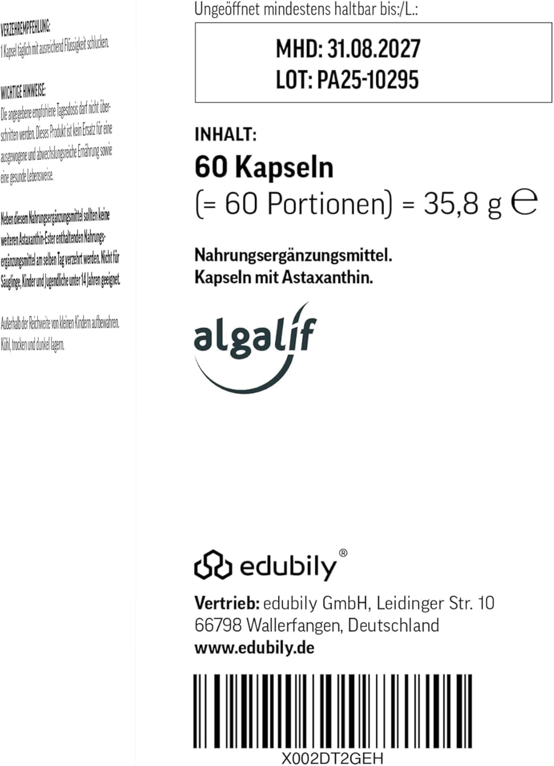 edubily nutrition® Astaxanthin - 8 mg pro Kapsel - Premium Markenrohstoff von Algalif aus isländischen Algen (Haematococcus Pluvialis) - Vegan - Laborgeprüft (60 Kapseln)