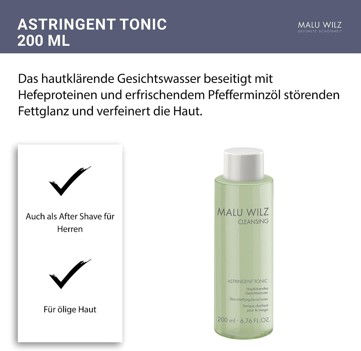 Malu Wilz Astringent Tonic 200 ml I Gesichtswasser mit Hefeproteinen & erfrischendem Pfefferminzöl I Skincare After Shave I Ohne Alkohol I Vegan
