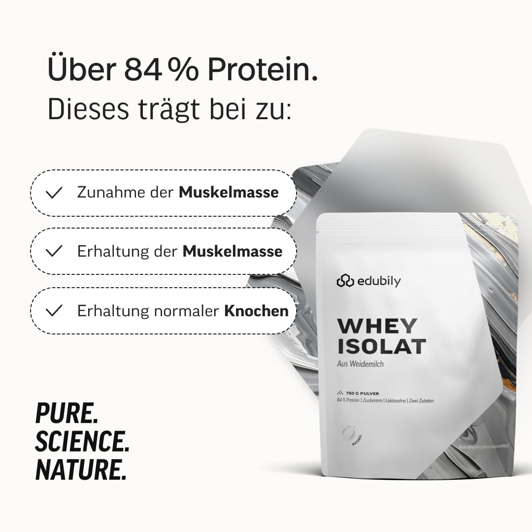 edubily® Whey Protein Isolat - Laktosefrei - Sehr gut lösliches Eiweißpulver ohne Kohlenhydrate & Zucker - Aus irischer Weidehaltung (750 g, Kakao mit Stevia)