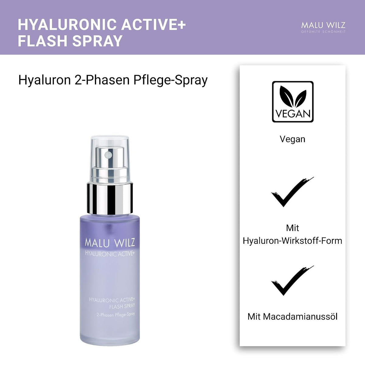 Malu Wilz Hyaluronic Active + Flash Spray 30 ml I Erfrischende Skincare Gesichtspflege-Serum mit Hyaluron-Wirkstoff-Formel mit Dual-Effekt I Booster I Vegan