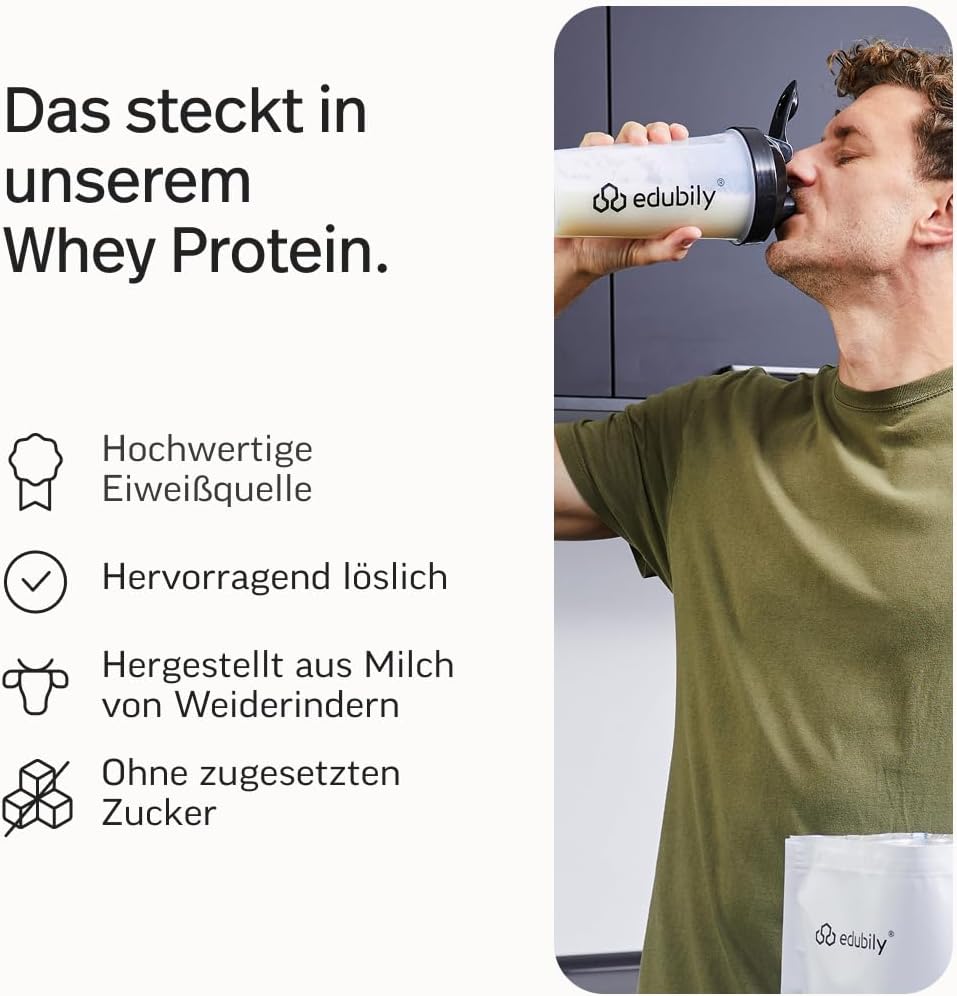 edubily® Whey Protein Konzentrat - Aus Milch von Kühen mit Weidezugang - Ohne Zucker & mit Stevia gesüßt - Optimale Löslichkeit - Made in Germany (750 g, Vanille)