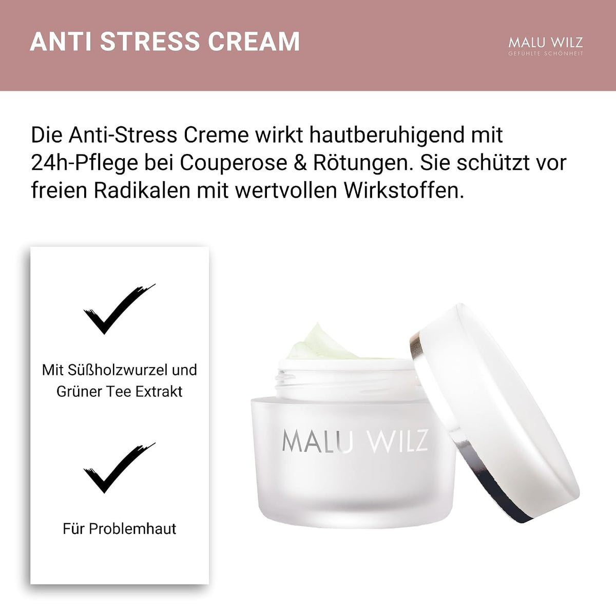 Malu Wilz Anti-Stress Creme 50ml I Hautberuhigende Gesichtscreme I Schutz vor freien Radikalen durch Vitamine und Grüner Tee Extrakt I 24h Pflege
