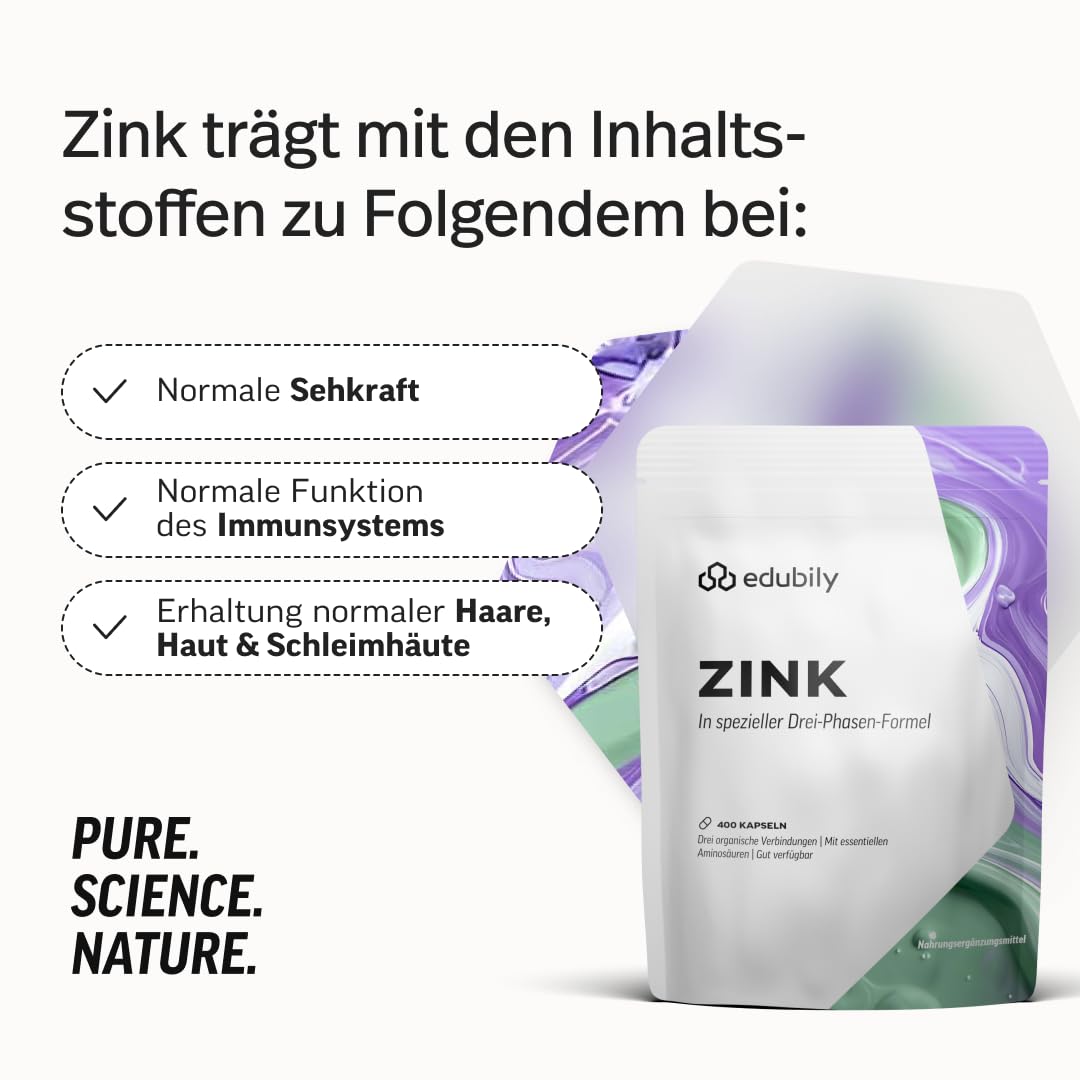 edubily® Zink - Zink Komplex mit 3-Fach Formel aus Zinkglycinat, Zinkcitrat und Zinkglukonat - Mit essentiellen Aminosäuren (90 Kapseln)