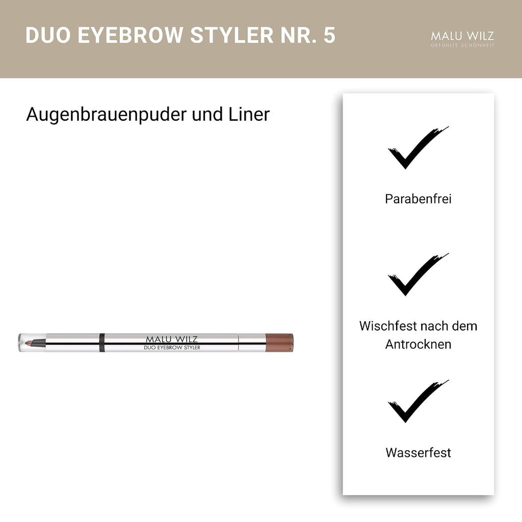 Malu Wilz Duo Eyebrow Styler Nr.5 Mittelbraun I Augenbrauenstift wasserfest I Eyebrow Pencil I Perfektioniert und akzentuiert die Augenbrauen eindrucksvoll