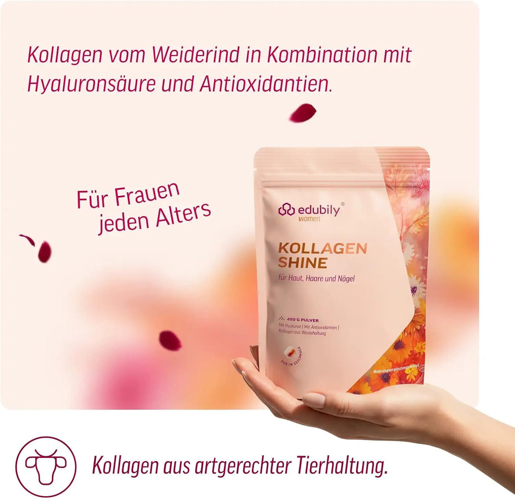 edubily® Kollagen Shine Drink – Beauty-Drink mit Kollagen Hydrolysat aus Weidehaltung, Hyaluronsäure, Vitamin E, Q10 & Biotin (450 g, Pur)
