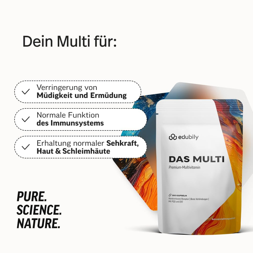 edubily® Das Multi - Multivitamin Kapseln als umfassende Mikronährstoff-Basis - mit 20 Mikronährstoffen, PQQ & Q10 - ohne unnötige Zusätze - 1 Kapsel täglich (90 Kapseln mit Iod)