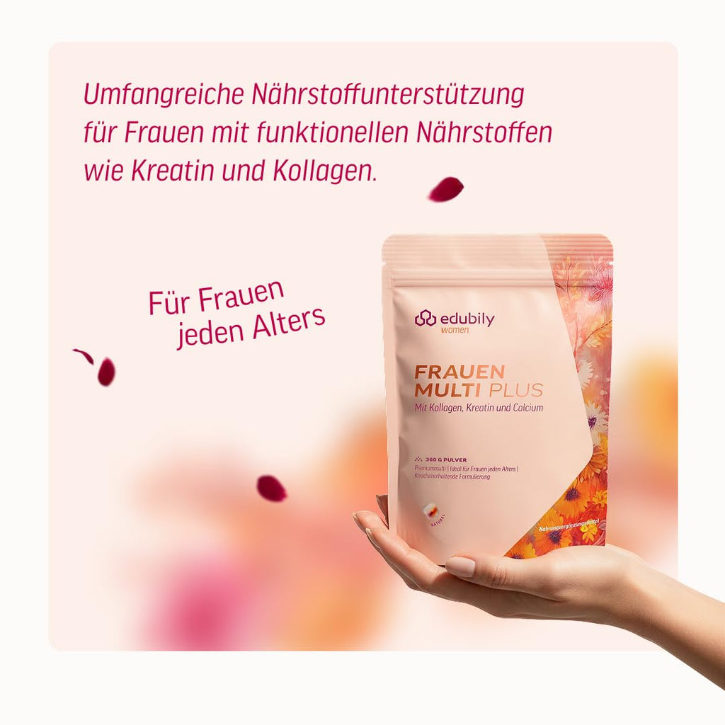 edubily® Frauen Multi Plus – Multivitamin & Mineralstoff-Drink für Frauen - Mit Calcium, Magnesium, Zink, Vitamin D & B-Vitaminen, Kreatin, Q10 & Kollagen - Zuckerfrei (360 g, Maracuja)
