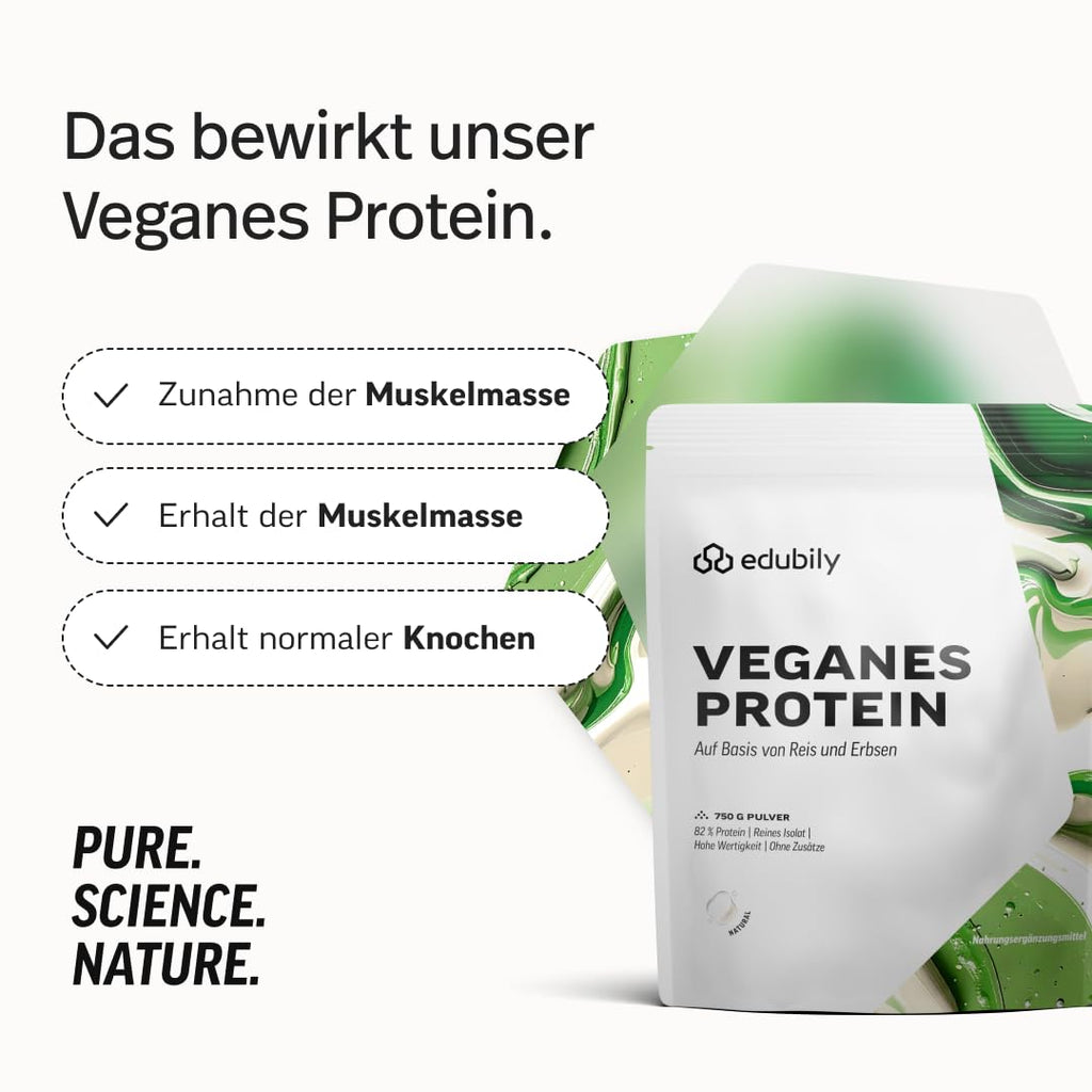 edubily® Veganes Proteinpulver - Mit Reisprotein und Erbsenprotein - Hoher Eiweißgehalt - Ohne Zucker • Mit Stevia • Laborgeprüftes Eiweißpulver (750 g, Erdbeere)