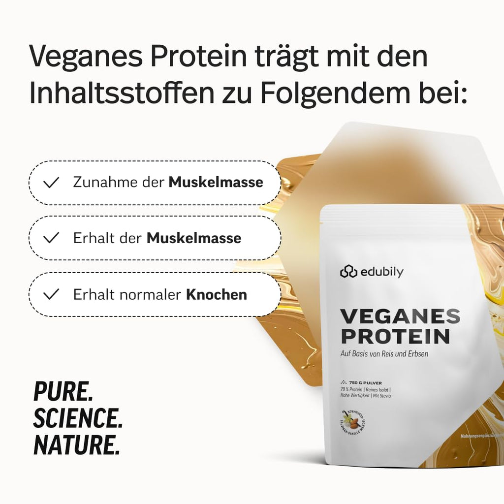 edubily® Veganes Proteinpulver - Mit Reisprotein und Erbsenprotein - Hoher Eiweißgehalt - Ohne Zucker • Mit Stevia • Laborgeprüftes Eiweißpulver (750 g, Erdbeere)