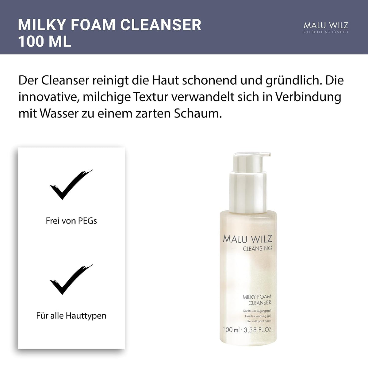 Malu Wilz Milky Foam Cleanser 100ml I Skincare Reinigungslotion für sanfte Gesichtsreinigung I Gesichtsreiniger mit Provitamin B5 für geschmeidige Haut I Vegan