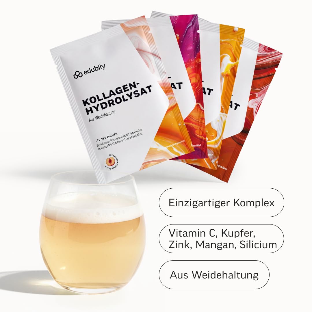 edubily® Kollagen-Hydrolysat - Kollagen Pulver als hochwertige Proteinergänzung im Alltag - aus Weidehaltung, Vitamin C, Zink, Kupfer, Mangan & Kieselsäure - 1 Portion täglich (750 g, ohne Geschmack)