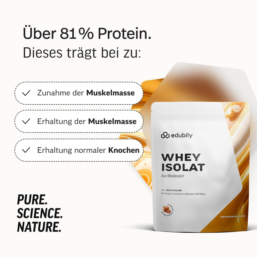 edubily® Whey Protein Isolat - Laktosefrei - Sehr gut lösliches Eiweißpulver ohne Kohlenhydrate & Zucker - Aus irischer Weidehaltung (750 g, Kakao mit Stevia)