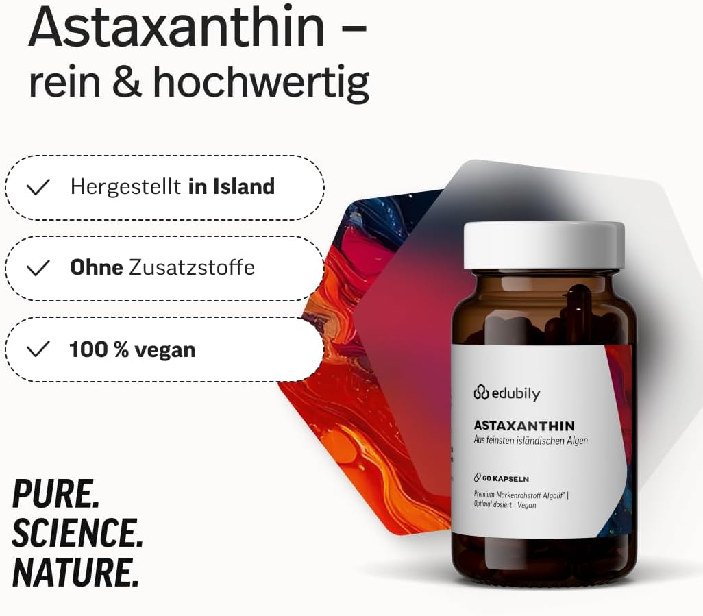 edubily nutrition® Astaxanthin - 8 mg pro Kapsel - Premium Markenrohstoff von Algalif aus isländischen Algen (Haematococcus Pluvialis) - Vegan - Laborgeprüft (60 Kapseln)