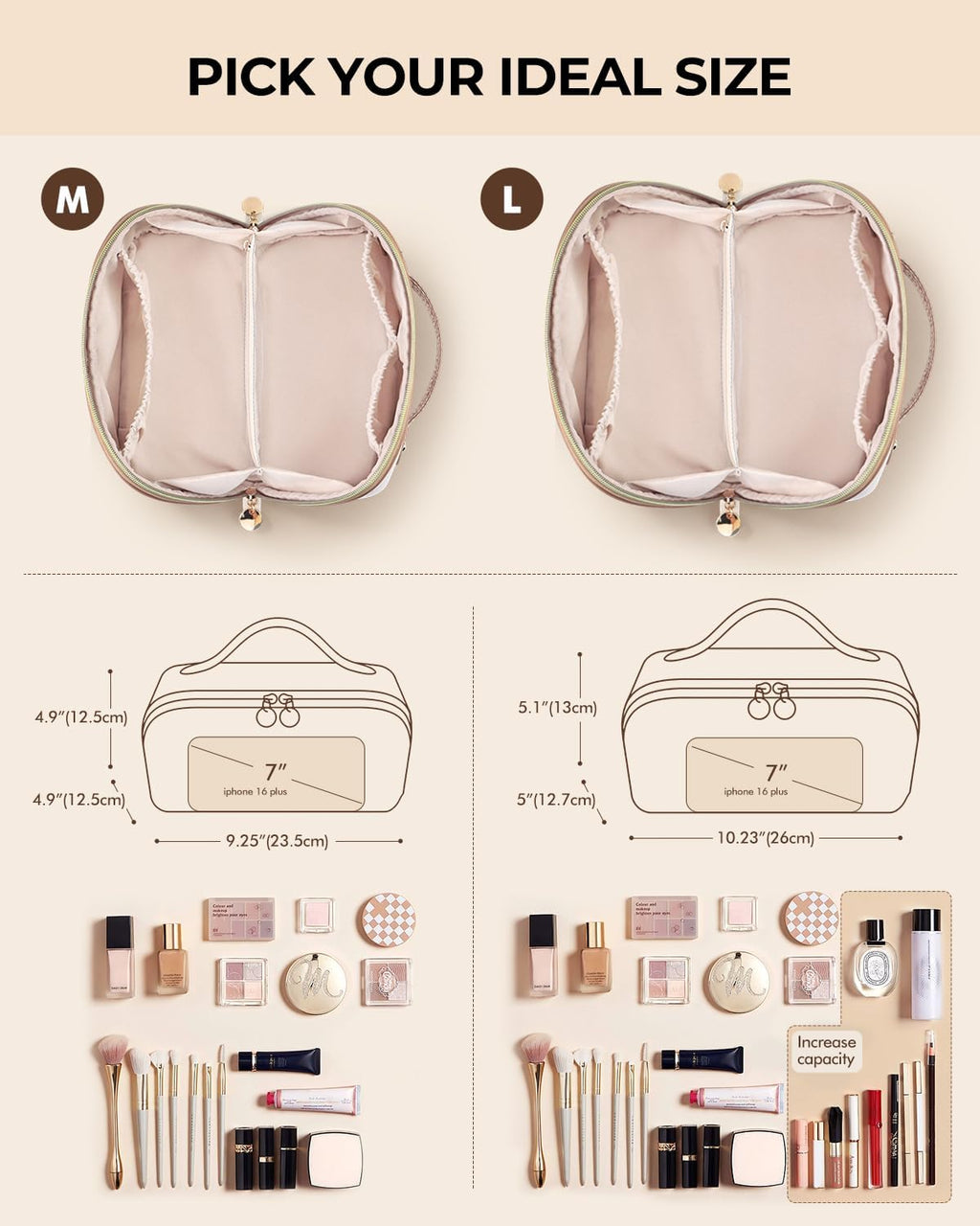 Prite Kosmetiktasche Reise Make Up Tasche mit Pinsel-Fächer, Beige, L