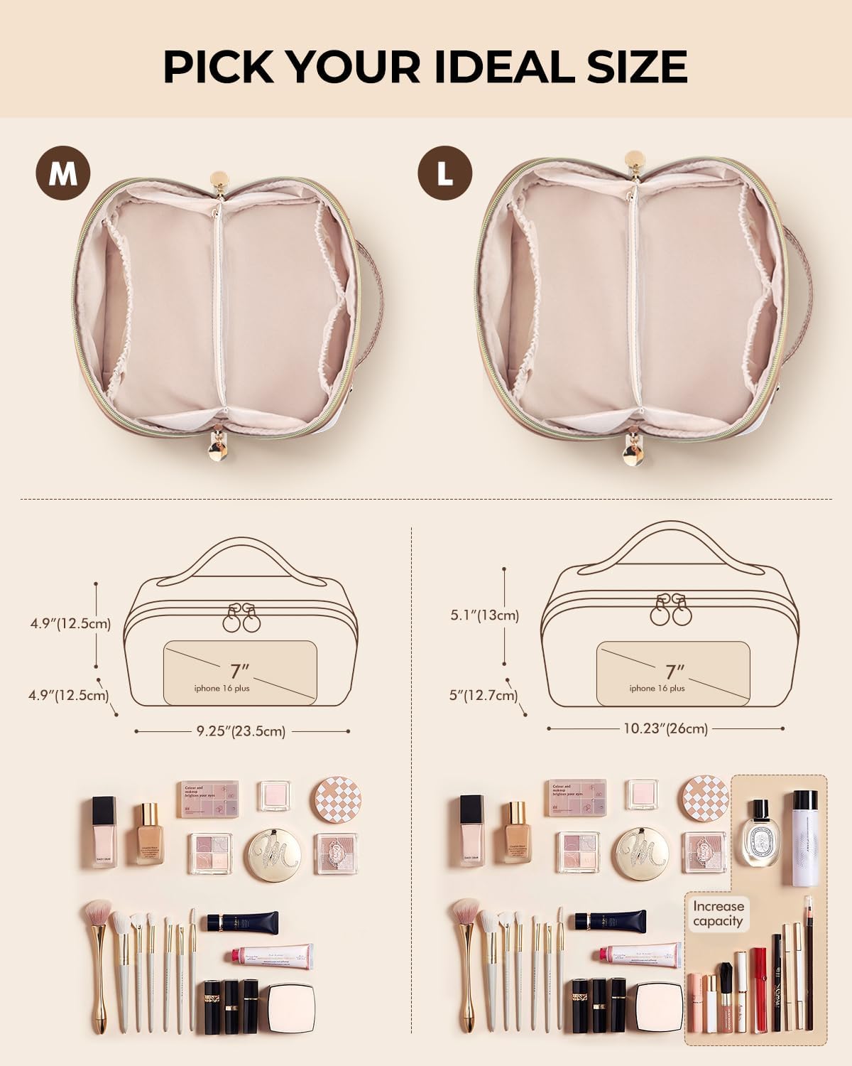 Prite Kosmetiktasche Reise Make Up Tasche mit Pinsel-Fächer, Beige, L