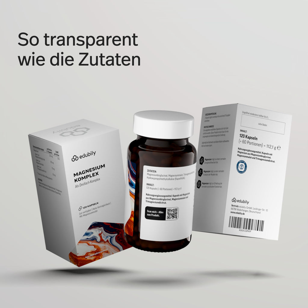 edubily® Magnesium Komplex Kapseln - Magnesiummischung aus Magnesiumbisglycinat, Magnesiummalat und Magnesiumcitrat - Ohne Magnesiumstearat - (250 Kapseln - Neue Rezeptur)