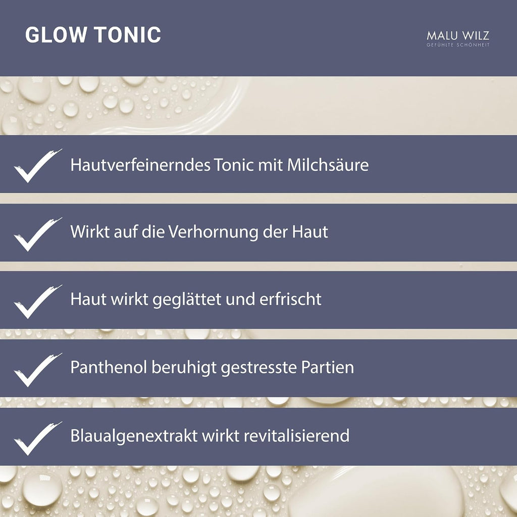 Malu Wilz Glow Tonic 200 ml I Gesichtswasser mit Milchsäure, Hyaluronsäure, Glycerin & Panthenol I Tonic mit Peeling-Effekt I Glättet die Haut I Vegan