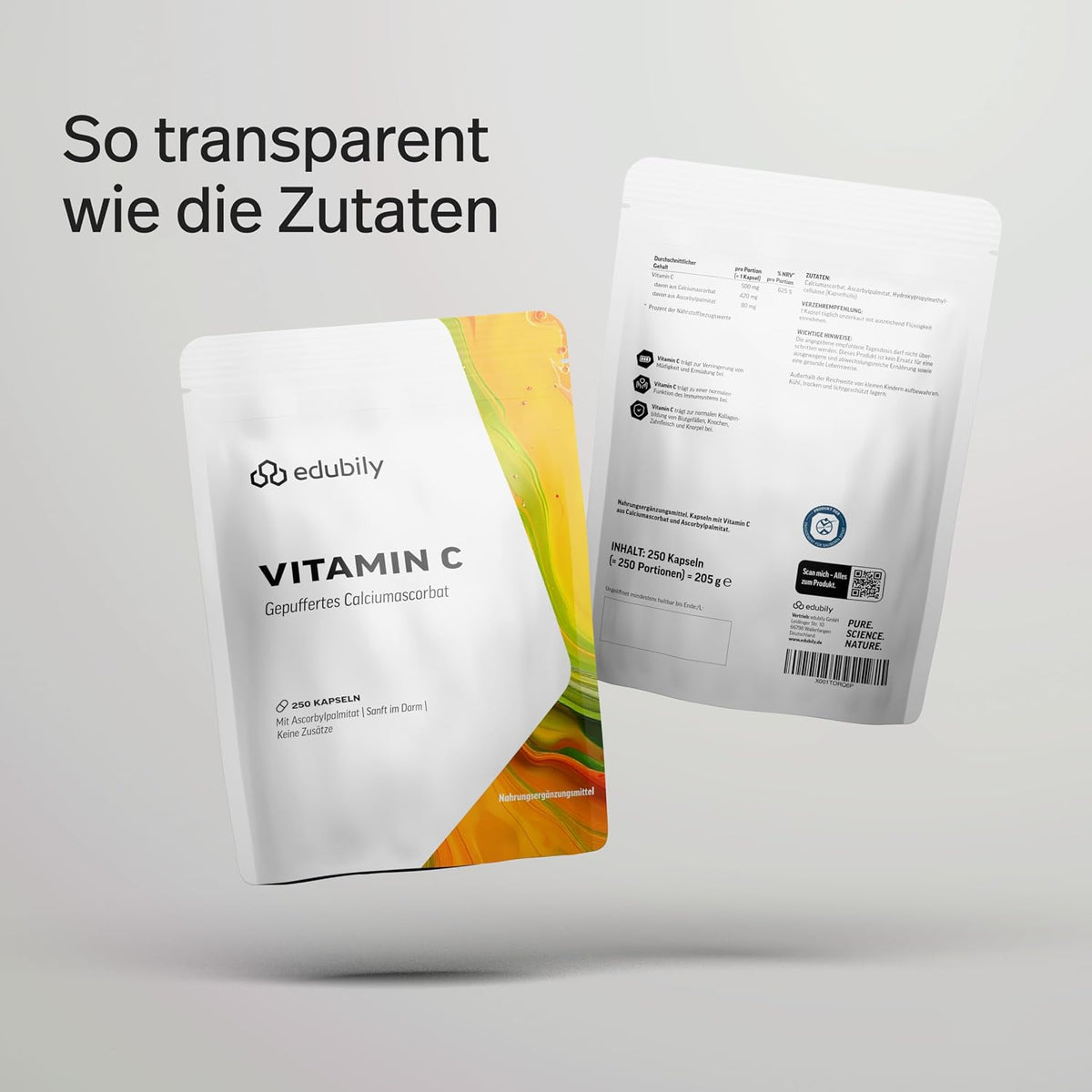 edubily® Vitamin C Kapseln 500 mg - Vitamin C Komplex aus gepuffertem Vit. C als Calciumascorbat und fettlöslichem Vit. C als Ascorbylpalminat (250 Kapseln)