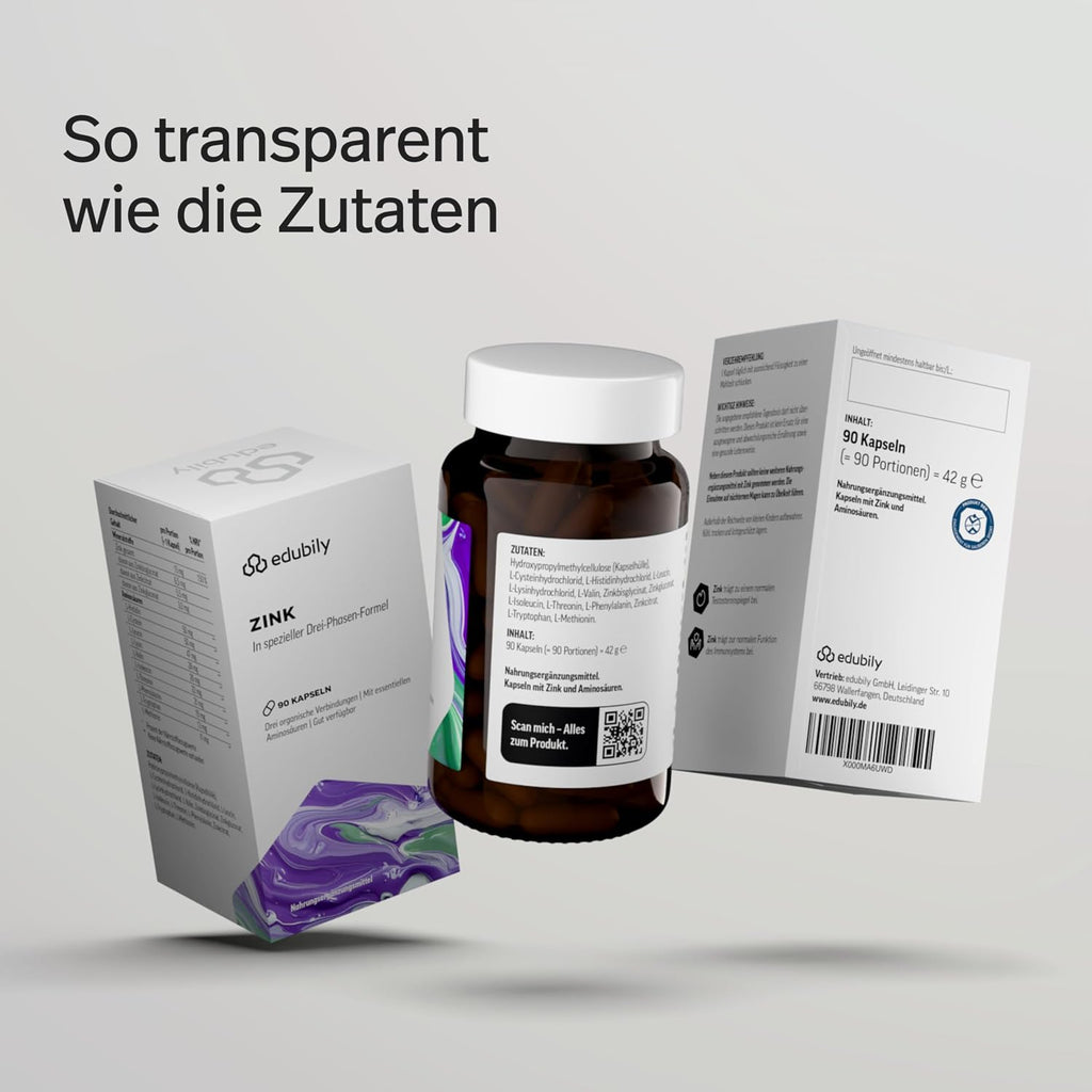 edubily® Zink - Zink Komplex mit 3-Fach Formel aus Zinkglycinat, Zinkcitrat und Zinkglukonat - Mit essentiellen Aminosäuren (90 Kapseln)