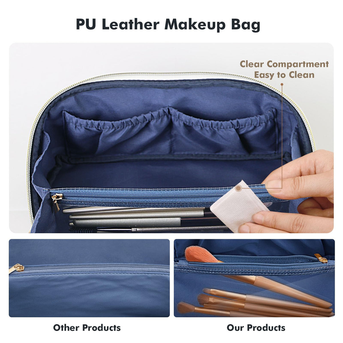 Prite Kosmetiktasche Reise Make Up Tasche mit Pinsel-Fächer, Beige, L