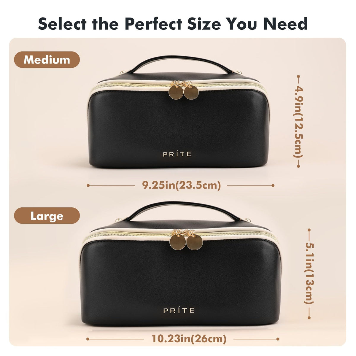 Prite Kosmetiktasche Reise Make Up Tasche mit Pinsel-Fächer, Beige, L