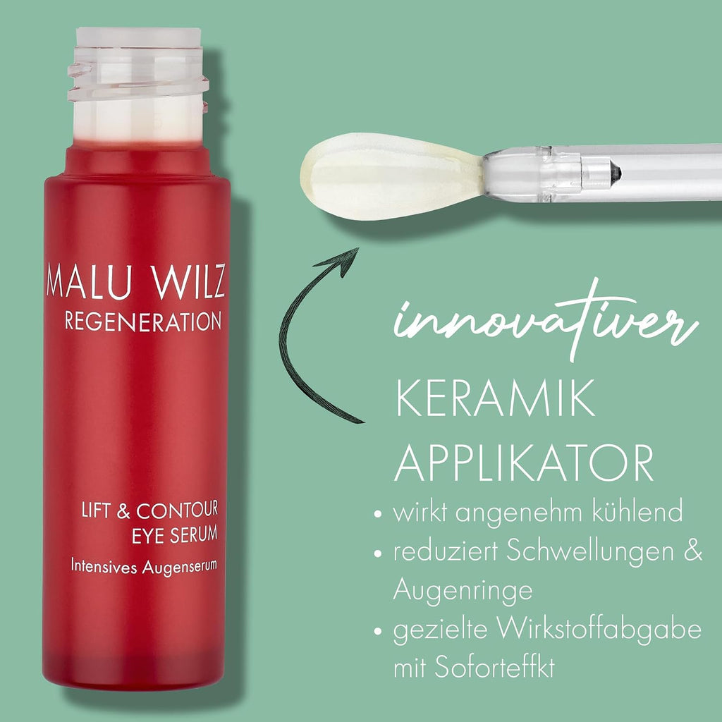 Malu Wilz LIFT & CONTOUR EYE SERUM – Anti-Aging Augenserum mit Peptiden, Q10 & Pfirsichkernöl, kühlender Keramik-Applikator, gegen Falten, Schwellungen & Augenringe, 12 ml, vegan
