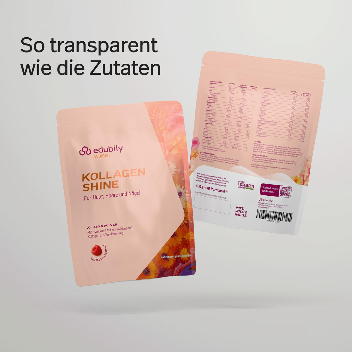 edubily® Kollagen Shine Drink – Beauty-Drink mit Kollagen Hydrolysat aus Weidehaltung, Hyaluronsäure, Vitamin E, Q10 & Biotin (450 g, Pur)