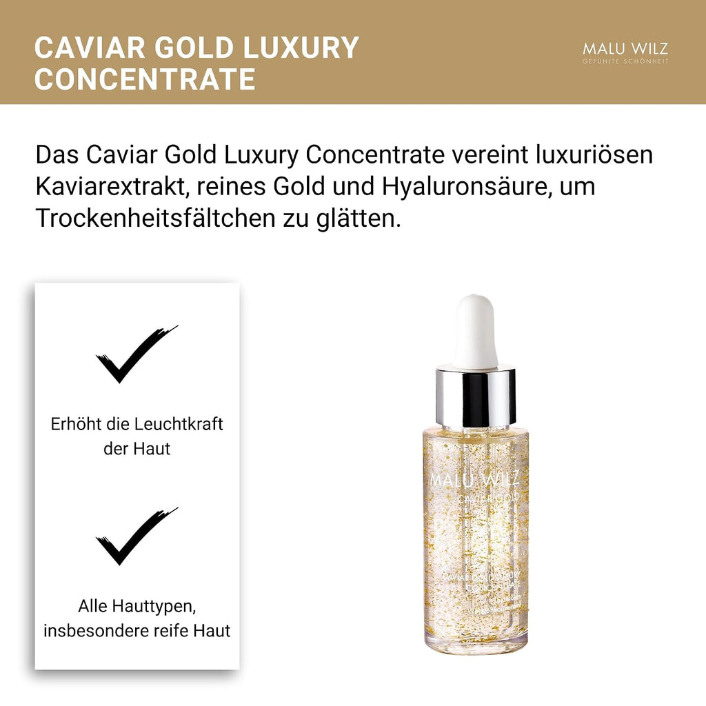 Malu Wilz Caviar Gold Luxury Concentrate 30ml I Anti Falten Serum gegen trockene Haut I Feuchtigkeitspflege mit Kaviar Extrakt & Goldpartikeln für straffe Haut