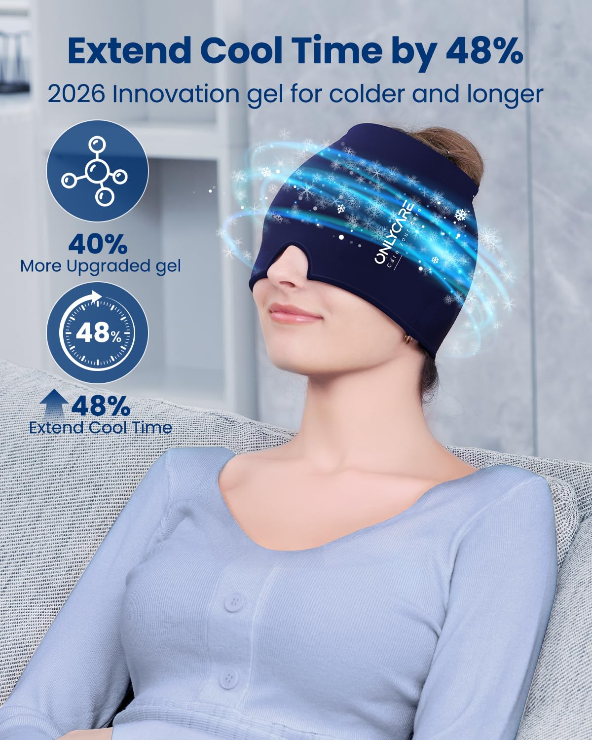 ONLYCARE Migräne Maske, Upgraded Kühlmaske Schlafmaske Kühlmütze Kühlhaube