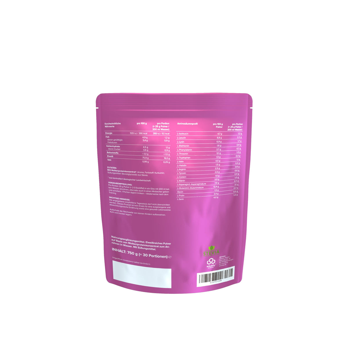 edubily® Whey Protein Konzentrat - Aus Milch von Kühen mit Weidezugang - Ohne Zucker & mit Stevia gesüßt - Optimale Löslichkeit - Made in Germany (750 g, Vanille)