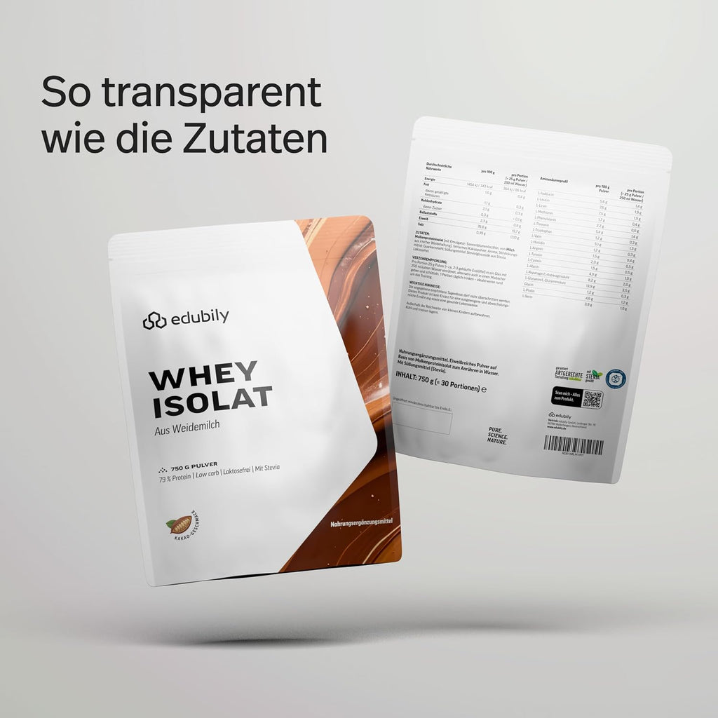 edubily® Whey Protein Isolat - Laktosefrei - Sehr gut lösliches Eiweißpulver ohne Kohlenhydrate & Zucker - Aus irischer Weidehaltung (750 g, Kakao mit Stevia)