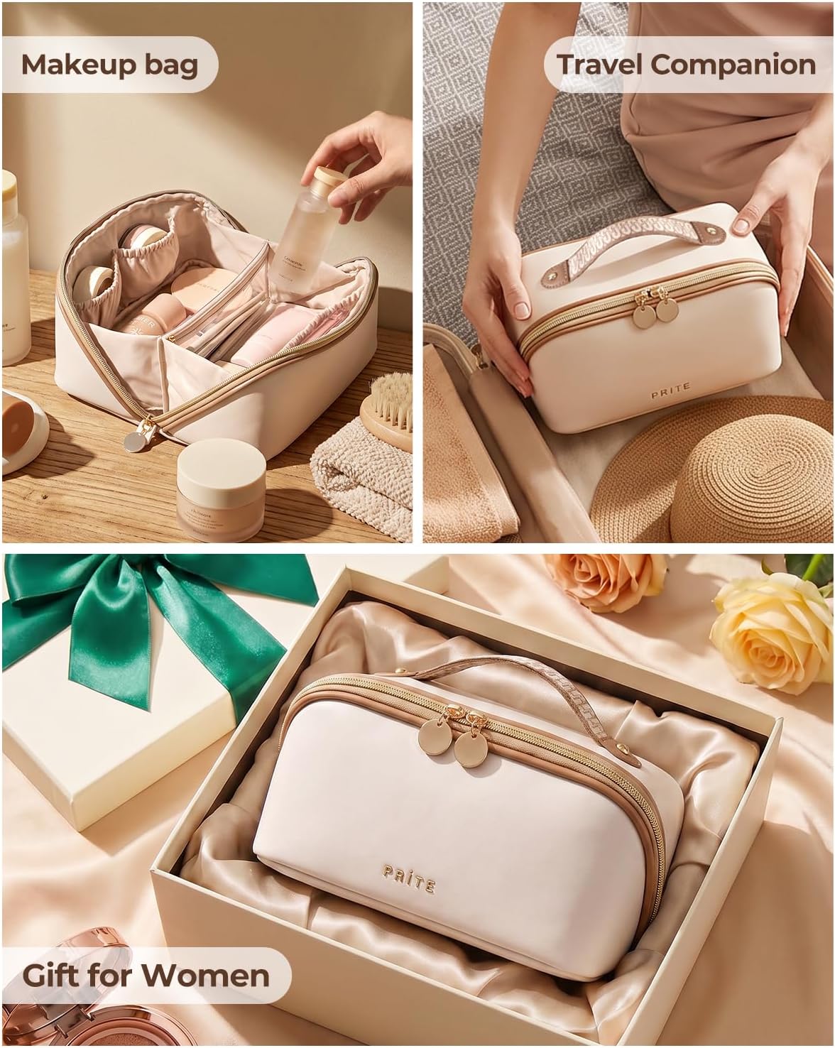 Prite Kosmetiktasche Reise Make Up Tasche mit Pinsel-Fächer, Beige, L