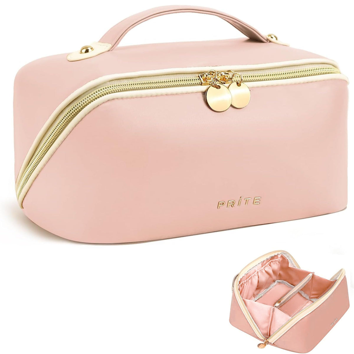 Prite Kosmetiktasche Reise Make Up Tasche mit Pinsel-Fächer, Beige, L