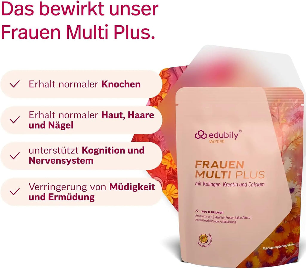 edubily® Frauen Multi Plus – Multivitamin & Mineralstoff-Drink für Frauen - Mit Calcium, Magnesium, Zink, Vitamin D & B-Vitaminen, Kreatin, Q10 & Kollagen - Zuckerfrei (360 g, Maracuja)