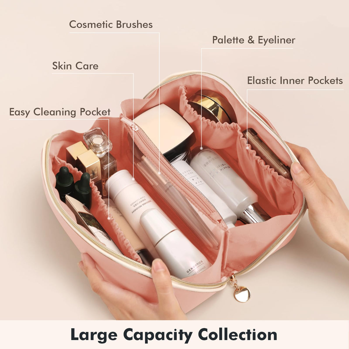 Prite Kosmetiktasche Reise Make Up Tasche mit Pinsel-Fächer, Beige, L