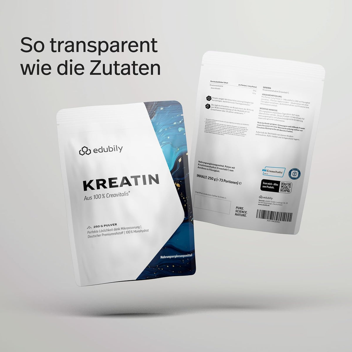 edubily® Creatin Monohydrat - Kreatin Pulver - 3 g Kreatin pro Portion aus mikronisiertem Creavitalis® - sehr gut löslich - deutscher Markenrohstoff (250 g, vegan)