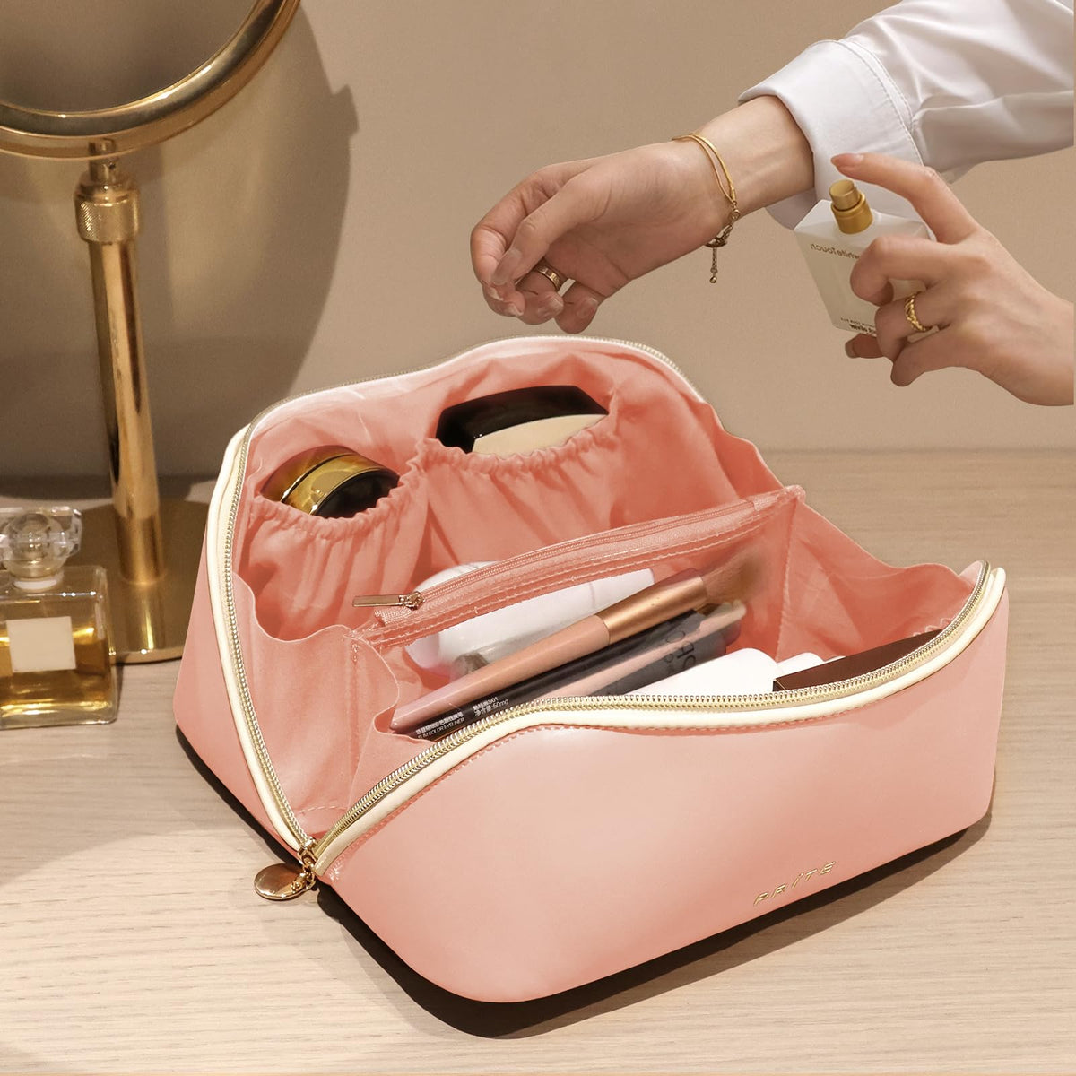 Prite Kosmetiktasche Reise Make Up Tasche mit Pinsel-Fächer, Beige, L