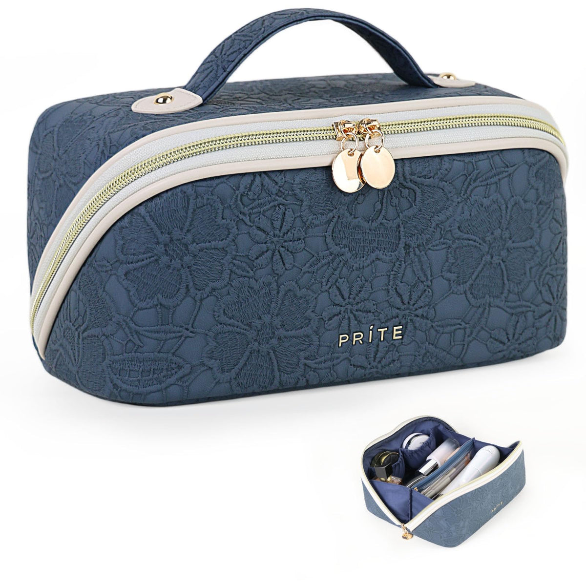 Prite Kosmetiktasche Reise Make Up Tasche mit Pinsel-Fächer, Beige, L