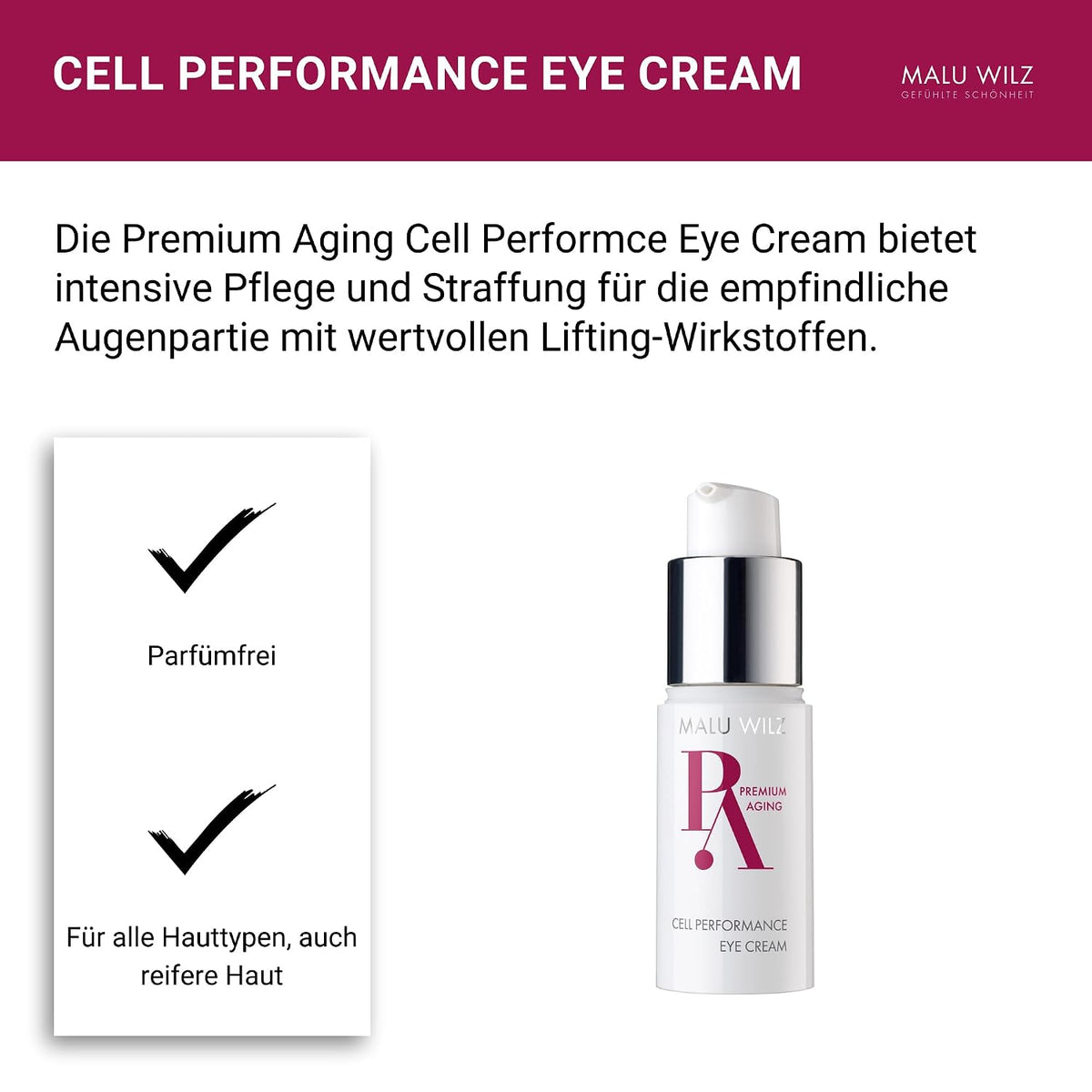 Malu Wilz Premium Aging Cell Performance Eye Cream 15ml I Anti Aging Augencreme gegen Falten und Augenringe I Augenpflege für beanspruchte Augenpartien