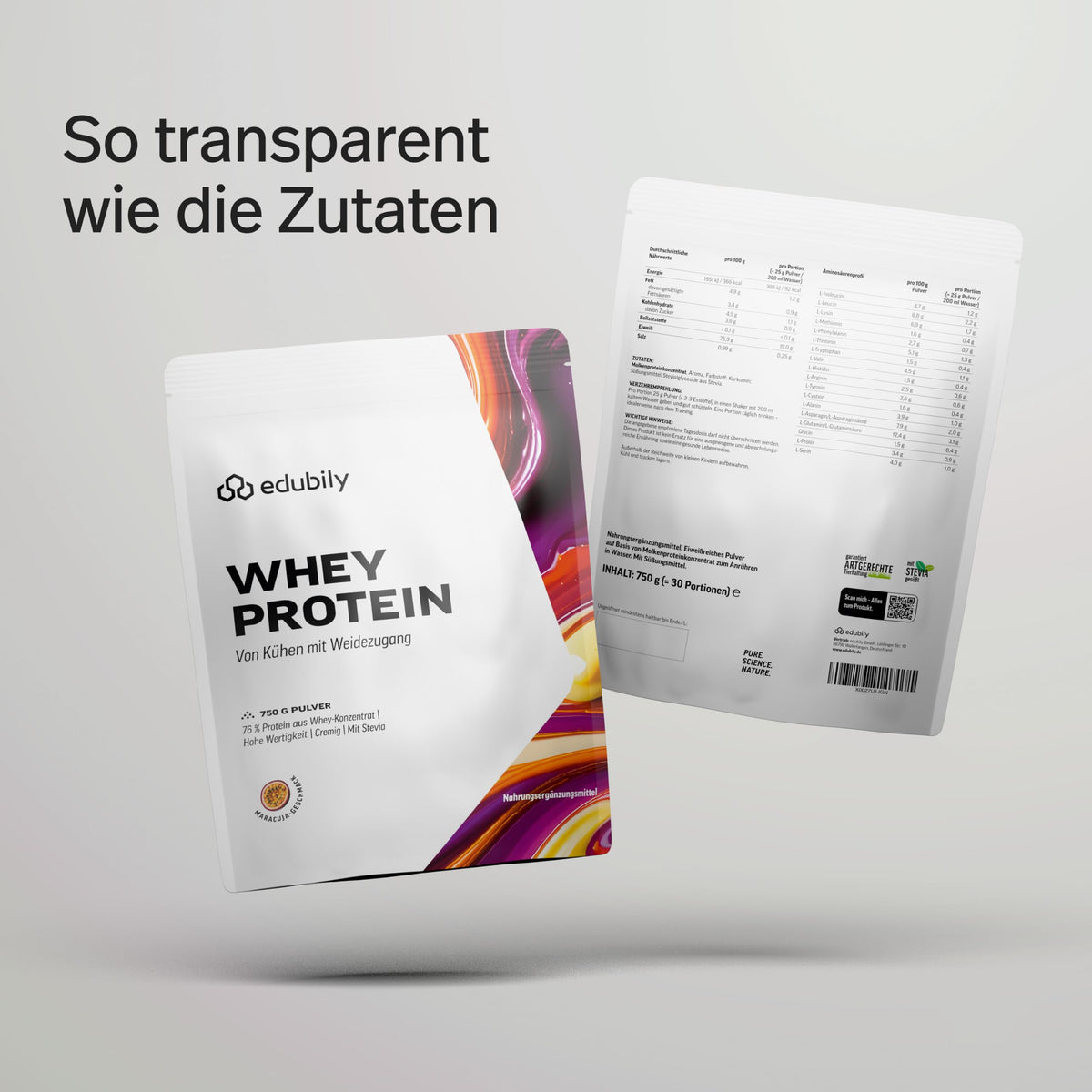 edubily® Whey Protein Konzentrat - Aus Milch von Kühen mit Weidezugang - Ohne Zucker & mit Stevia gesüßt - Optimale Löslichkeit - Made in Germany (750 g, Vanille)