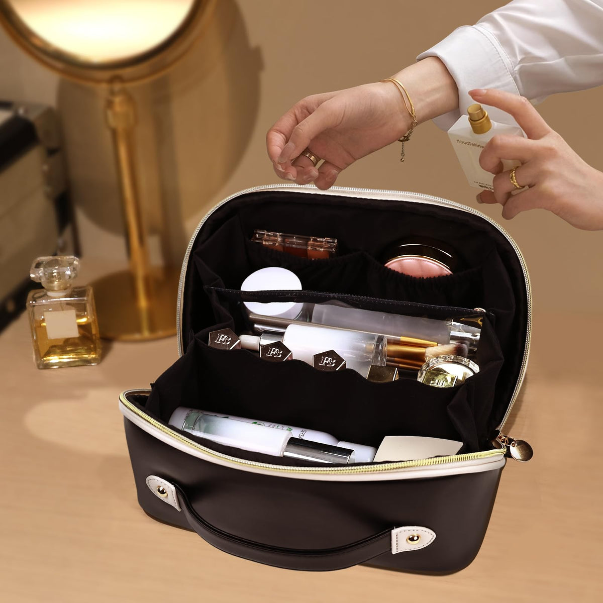 Prite Kosmetiktasche Reise Make Up Tasche mit Pinsel-Fächer, Beige, L