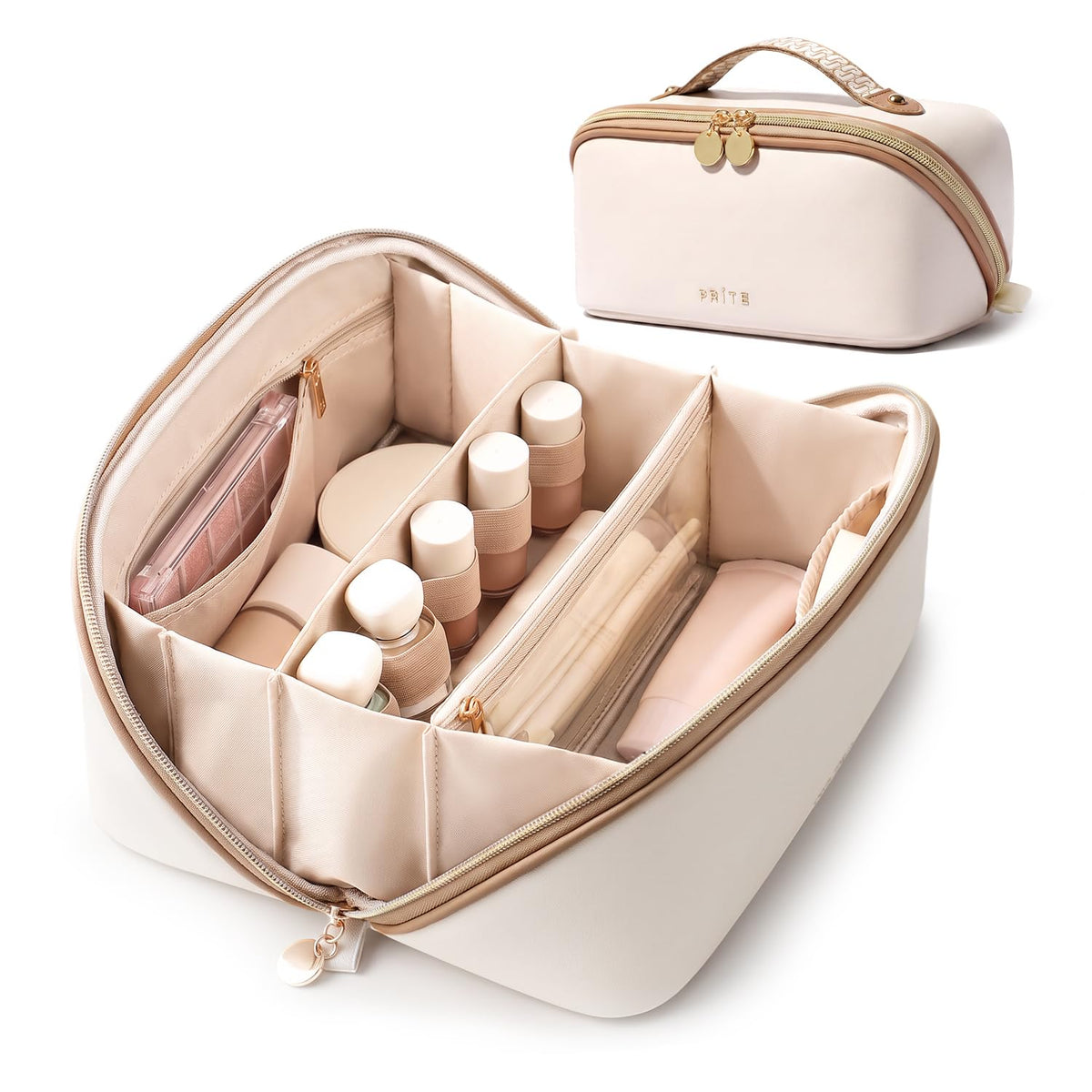 Prite Kosmetiktasche Reise Make Up Tasche mit Pinsel-Fächer, Beige, L