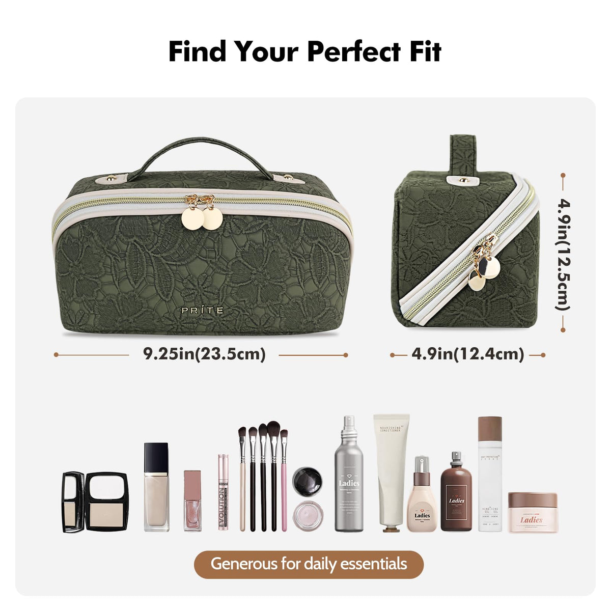 Prite Kosmetiktasche Reise Make Up Tasche mit Pinsel-Fächer, Beige, L