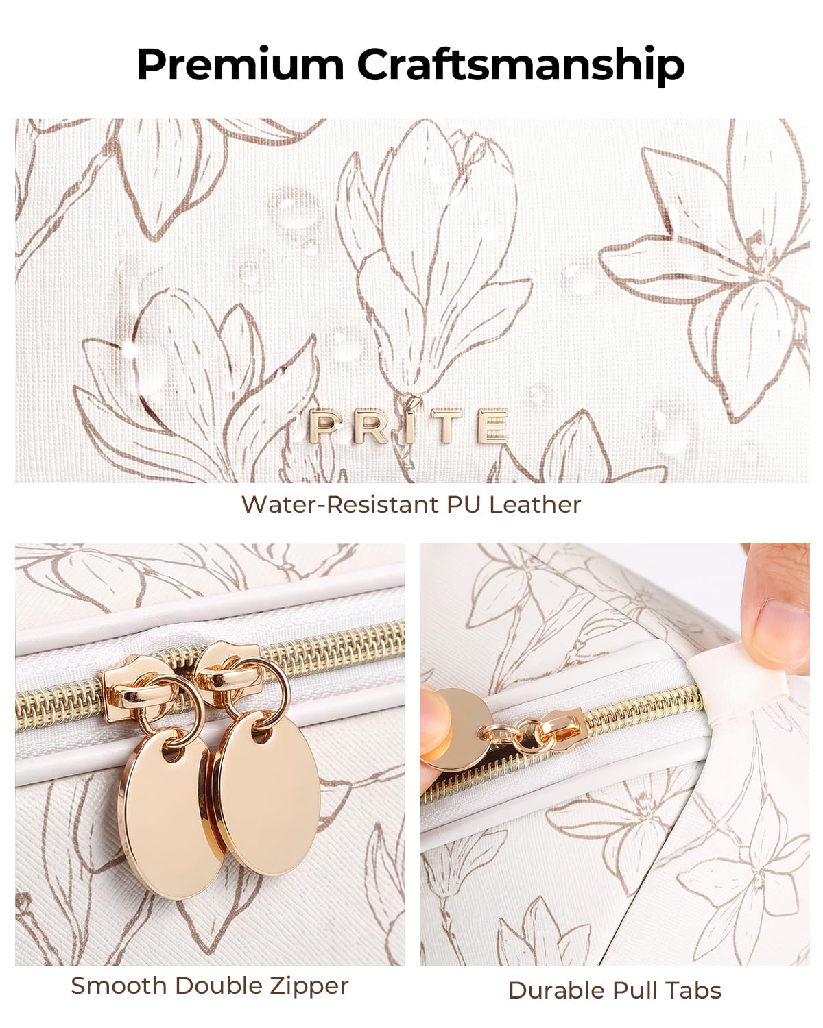 Prite Kosmetiktasche Reise Make Up Tasche mit Pinsel-Fächer, Beige, L