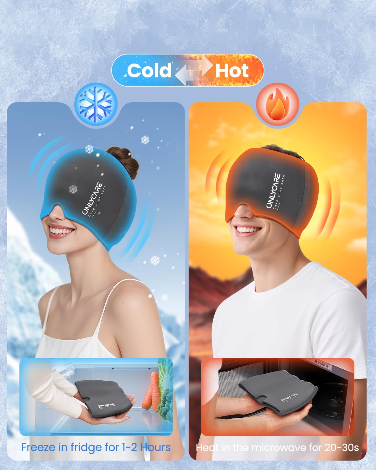 ONLYCARE Migräne Maske, Upgraded Kühlmaske Schlafmaske Kühlmütze Kühlhaube